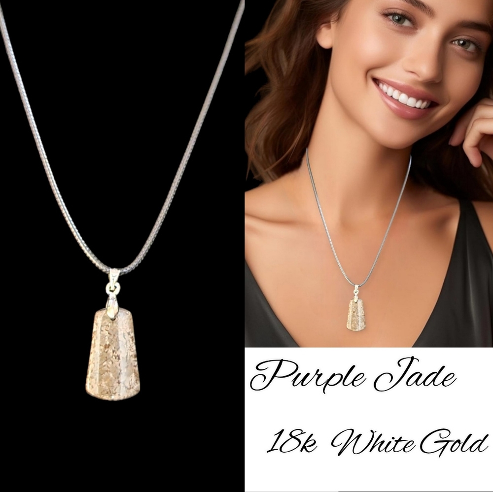 New! 18k White Gold Natural Purple Jade Stone Necklace